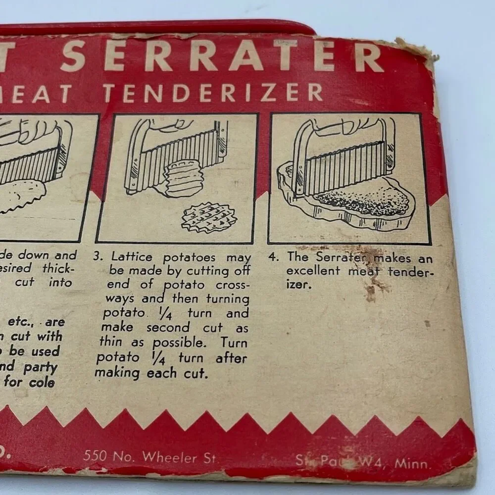 Vintage Huot Serrater and meat tenderizer in original packaging.